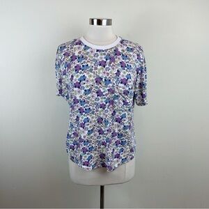 Belle Du Jour Purple White Floral Boho Short Sleeve Lightweight Top Women Large